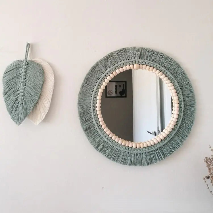 Nordic Hand-Woven Decorative Hanging Mirror, Front View, Green