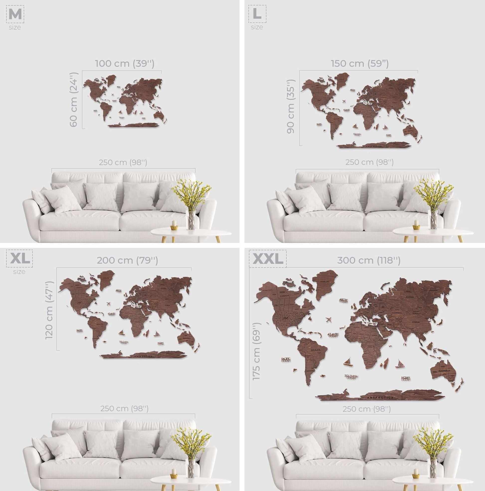 Wooden World Map, Oak, Different Sizes