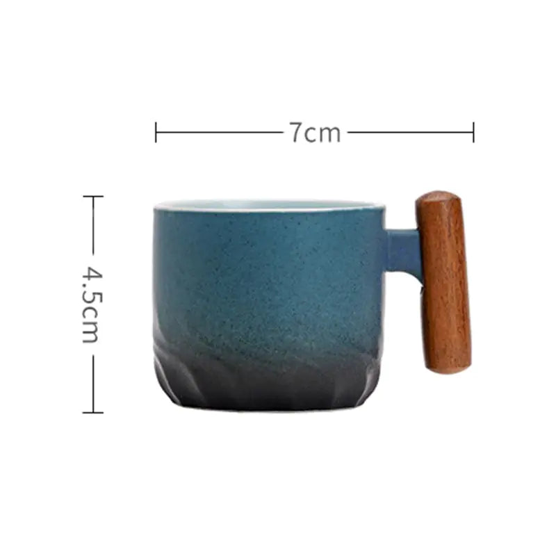 Retro Ceramic Coffee Cup, Side View, Measurements, Blue