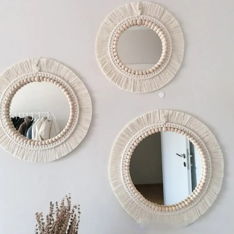 Nordic Hand-Woven Decorative Hanging Mirror, Front View, White