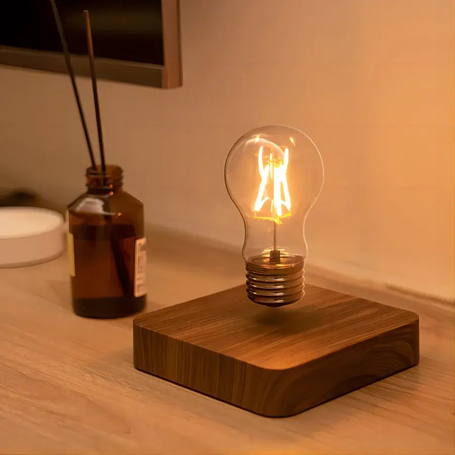 Floating LED Lamp, Elegant Wood Look, Magnetic Levitation, Square, Side View