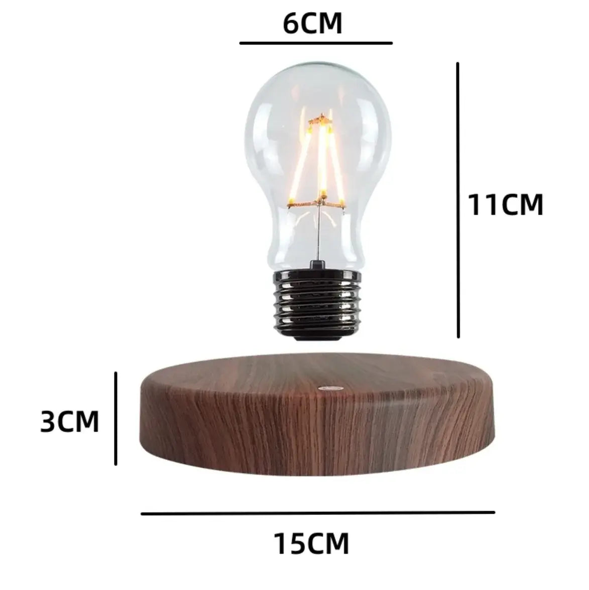 Floating LED Lamp, Elegant Wood Look, Magnetic Levitation, Circular, Front View, Dimensions