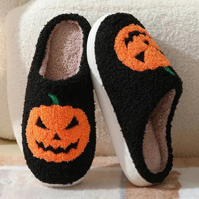 Halloween Pumpkin Slippers, front view, black