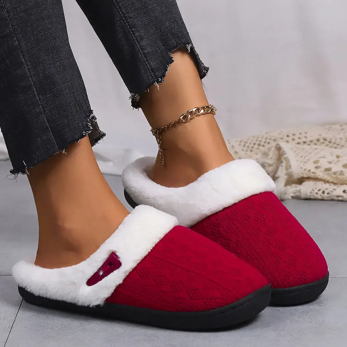 Winter Slippers, Side View, Red