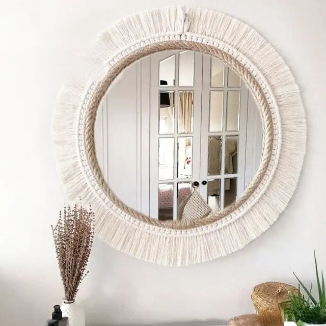 Nordic Hand-Woven Decorative Hanging Mirror, Front View, White