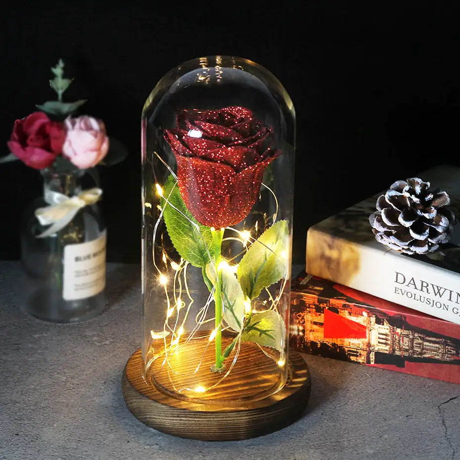 Eternal Rose, Glass Dome, Decorative Light, Red, Glitter