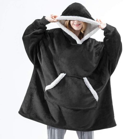 Warm Fleece Wearable Hooded Blanket, Front view, Black