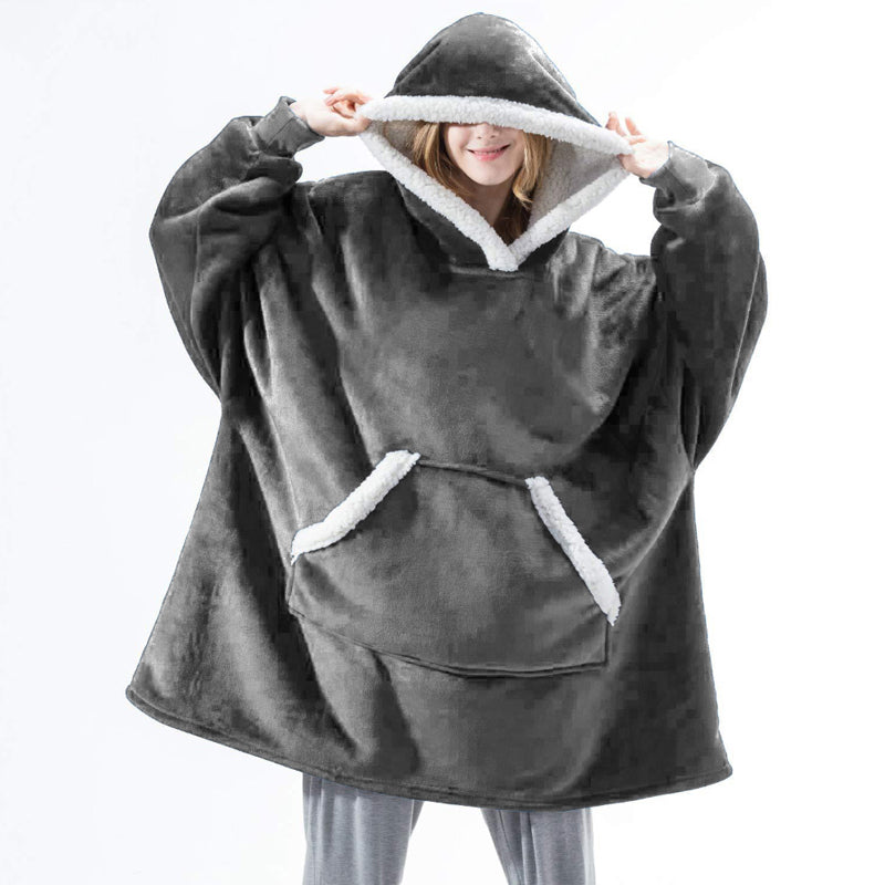 Warm Fleece Wearable Hooded Blanket, Front view, Grey