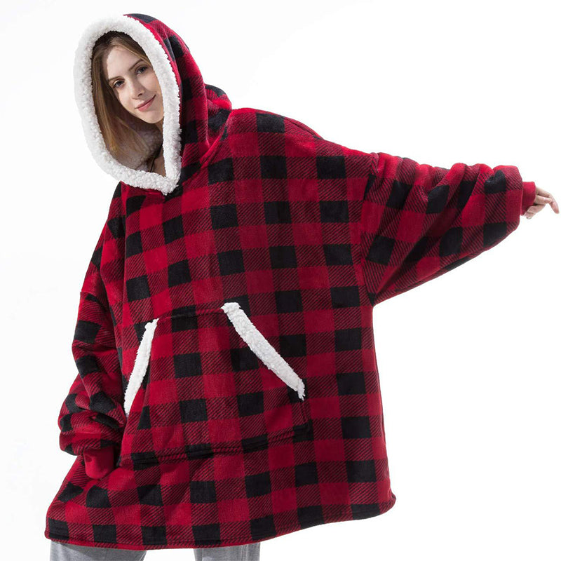 Warm Fleece Wearable Hooded Blanket, Front view, Red plaid