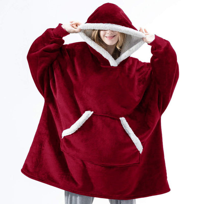 Warm Fleece Wearable Hooded Blanket, Front view, Red