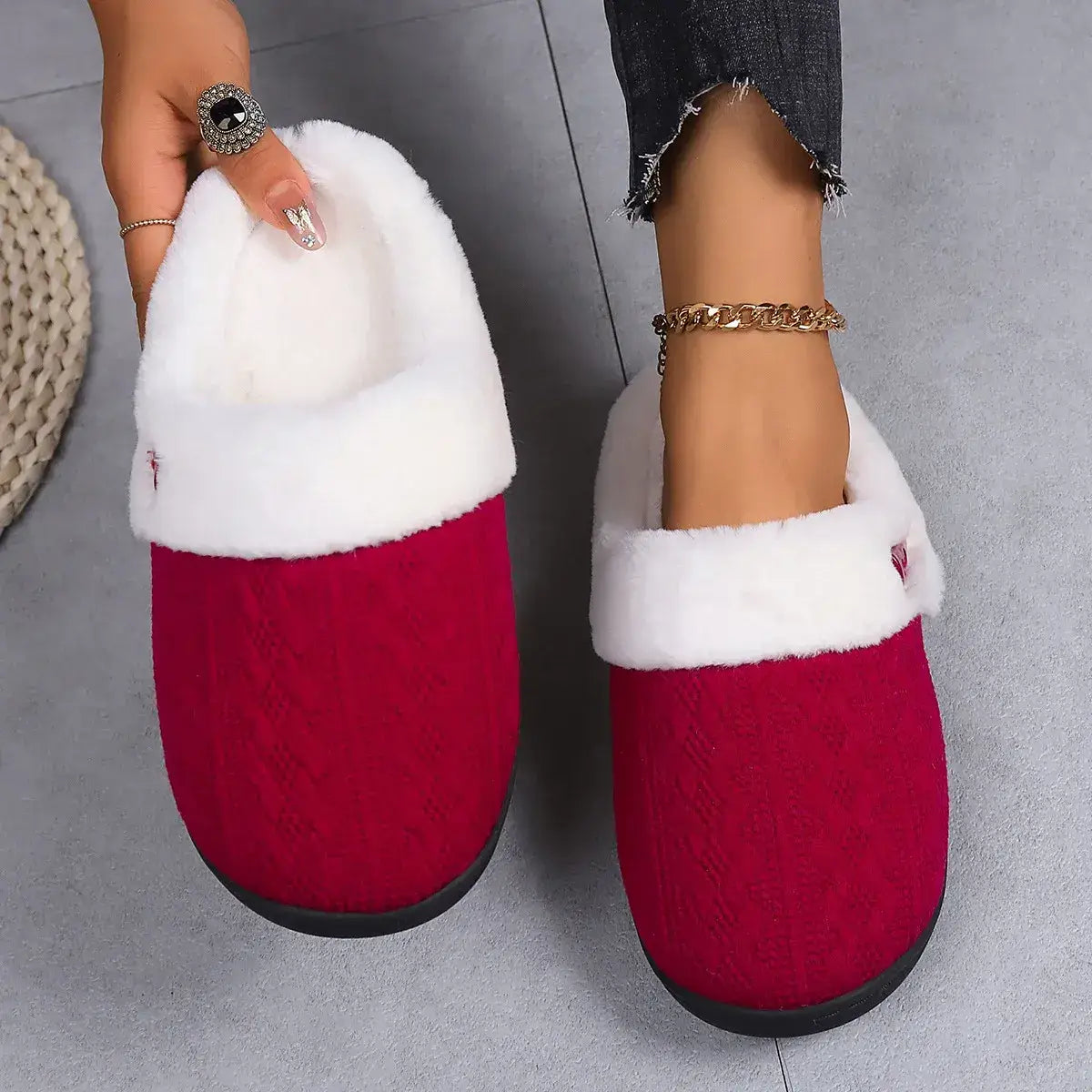 Winter Slippers, Top View, Red