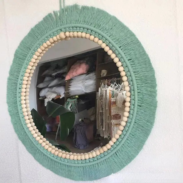 Nordic Hand-Woven Decorative Hanging Mirror, Front View, Light Green