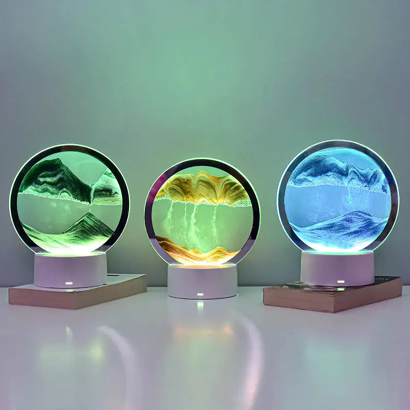 3D Hourglass Lamp, Moving Sand Art, Touch Control, Front View, Blue, Green, Orange