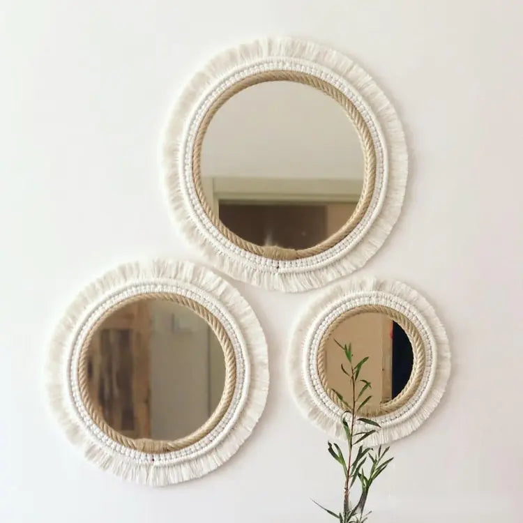 Nordic Hand-Woven Decorative Hanging Mirror, Front View, White