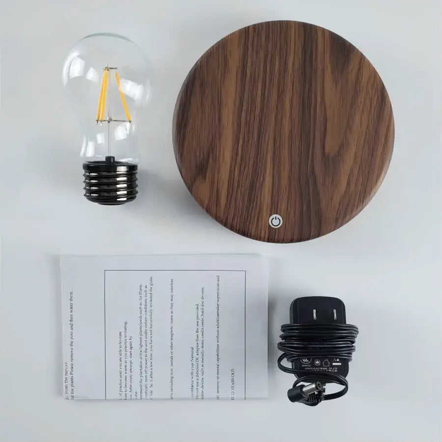 Floating LED Lamp, Elegant Wood Look, Magnetic Levitation, Circular, Front View, Individual parts