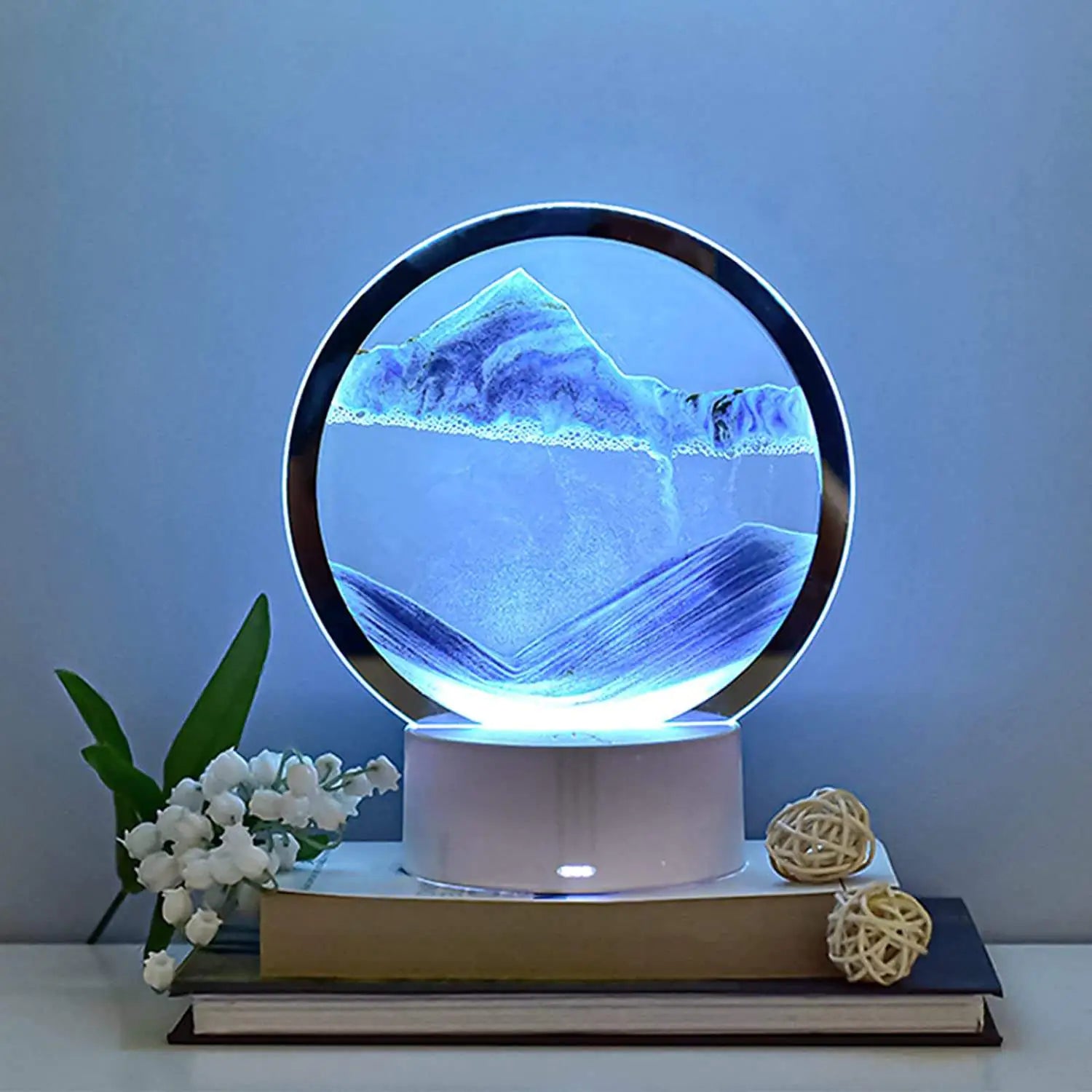 3D Hourglass Lamp, Moving Sand Art, Touch Control, Front View, Blue