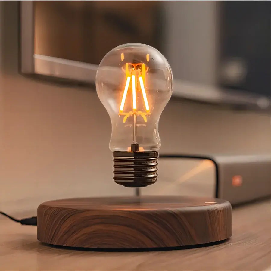 Floating LED Lamp, Elegant Wood Look, Magnetic Levitation, Circular, Front View